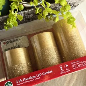 Flameless Gold Glittery LED Candles - pack of three with remote